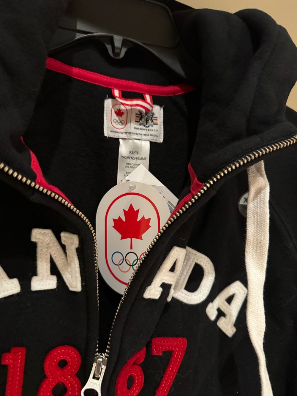 Canada Olympic womens Black Hoodie Jacket with Red Trim